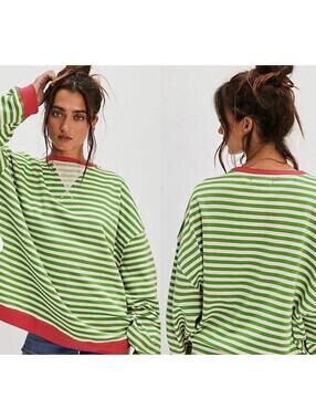 Free People Green and White Striped Camden with Coral Trim Large
